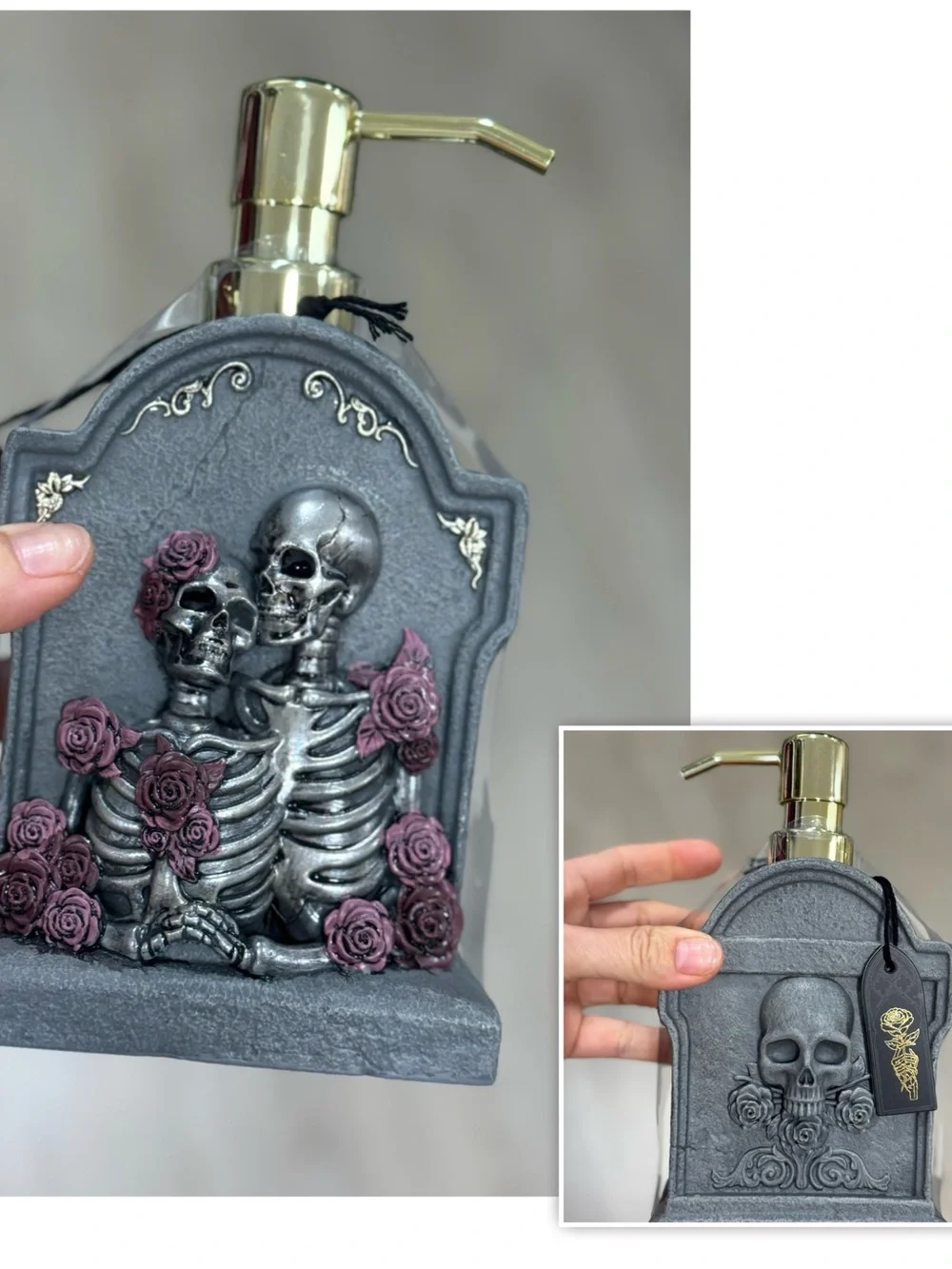 Gray Gothic Skeleton Roses Soap Dispenser with Gold Pump double side